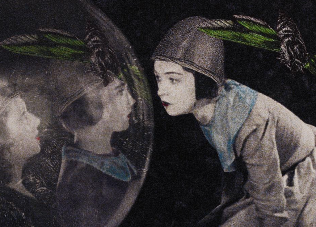 A painting of a person looking into a sphere
