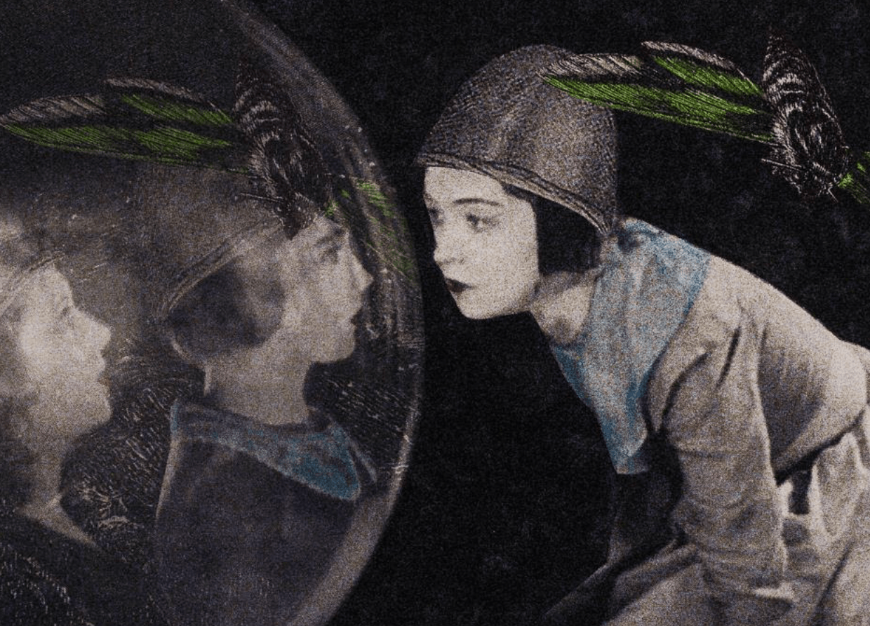 A painting of a person looking into a sphere