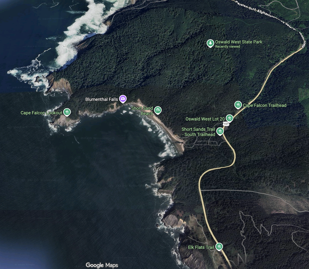 Google maps screenshot of Oswald West State Park