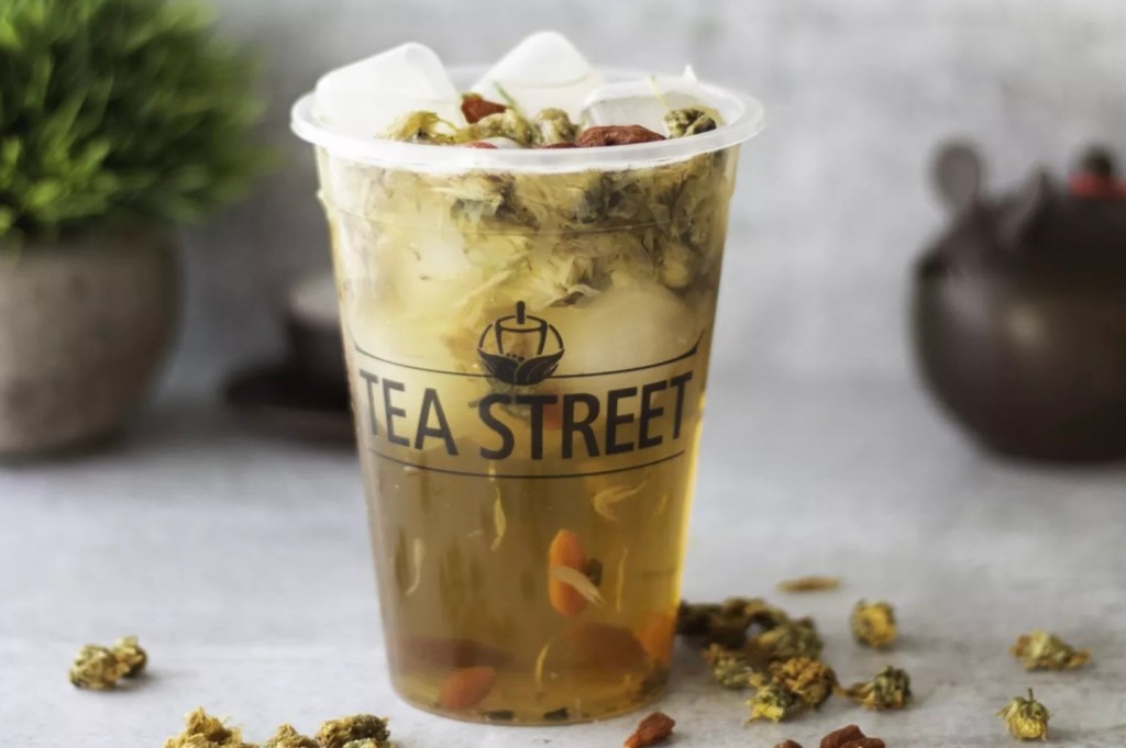 A cup of iced chrysanthemum tea from Tea Street
