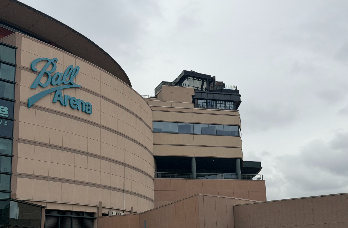 The exterior of a somewhat hidden penthouse apartment at the top of Ball Arena in downtown Denver