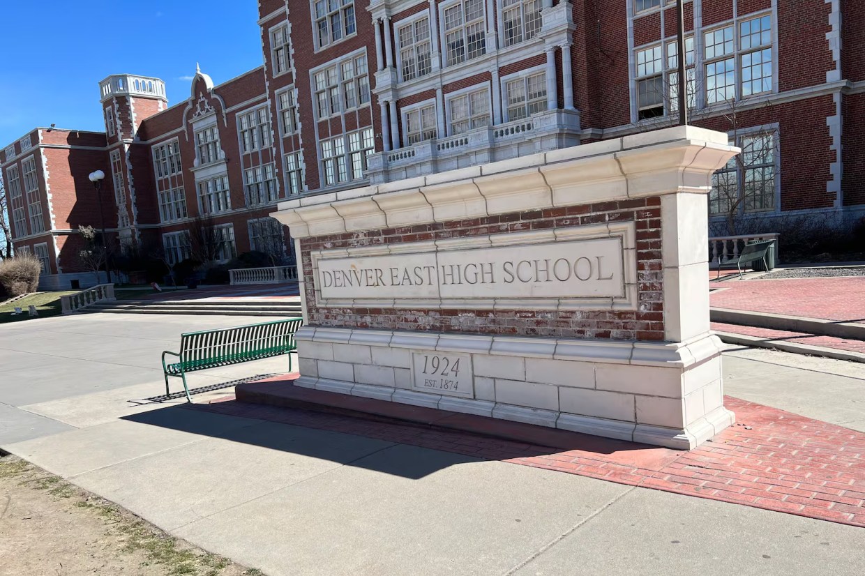 The welcoming sign out front of Denver East High School