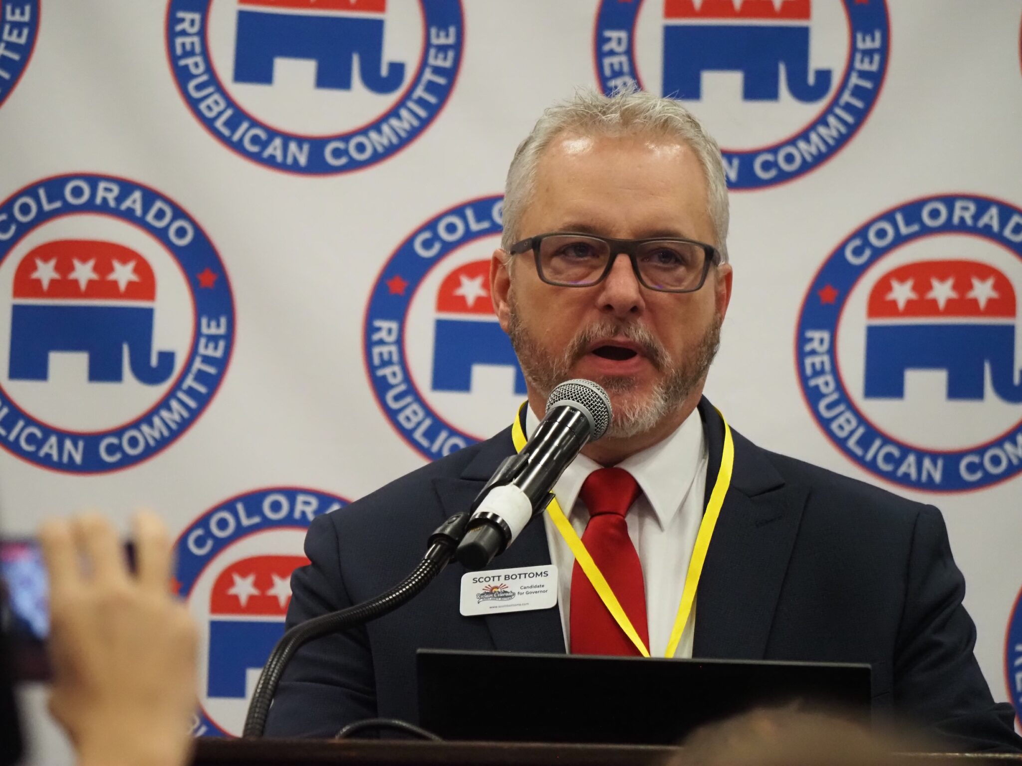 State Representative Scott Bottoms, Republican candidate for Colorado governor, at the Colorado Republican State Assembly in Pueblo on April 11, 2026.