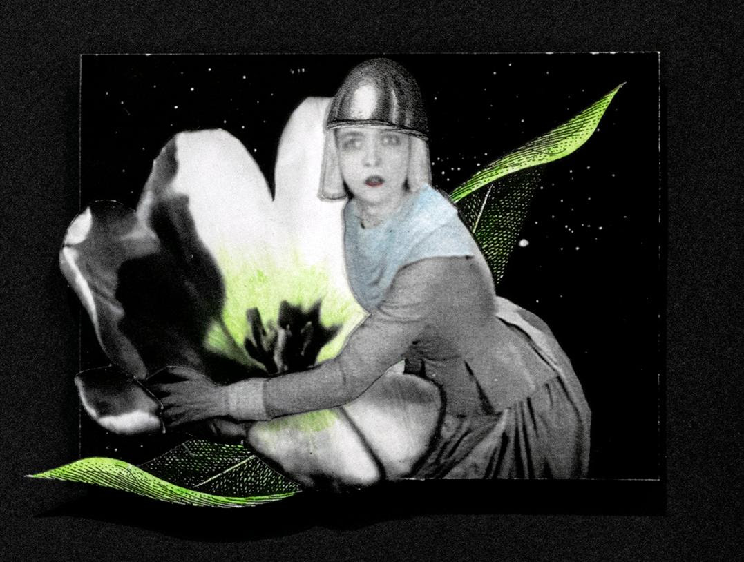 collage art of a black and neon flower and a woman