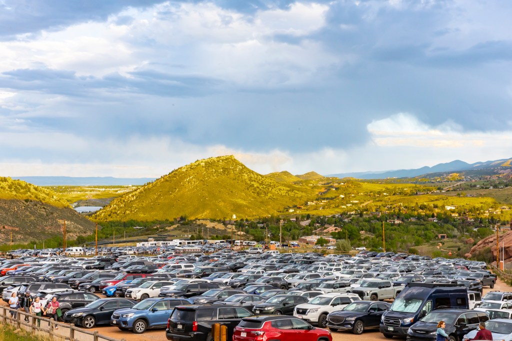 The parking lot at Red Rocks Park and Amphitheater in Morrison, Colorado.