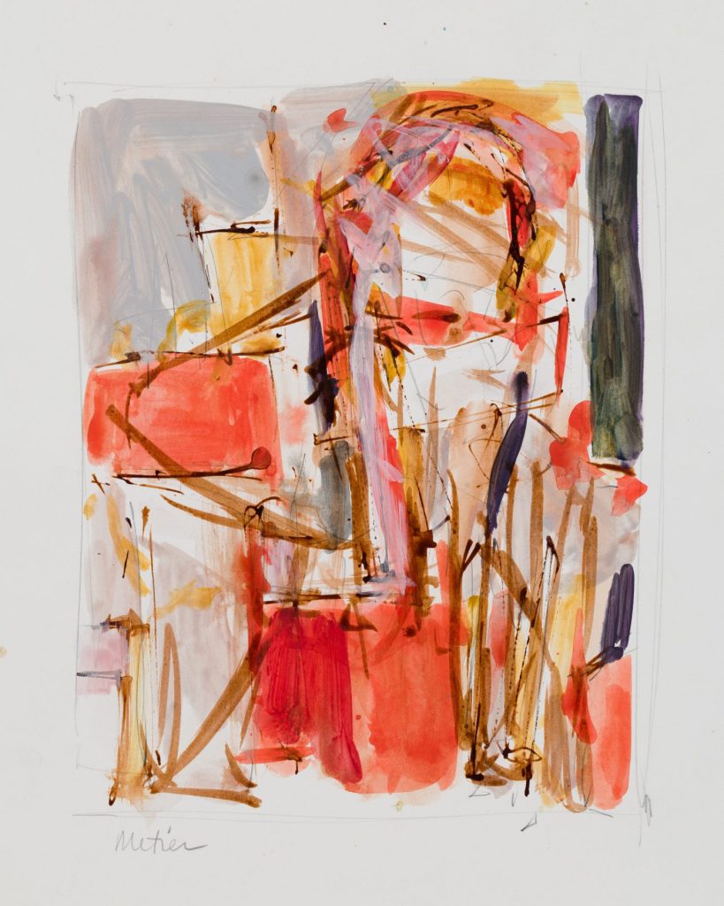 A red, yellow and orange abstract work
