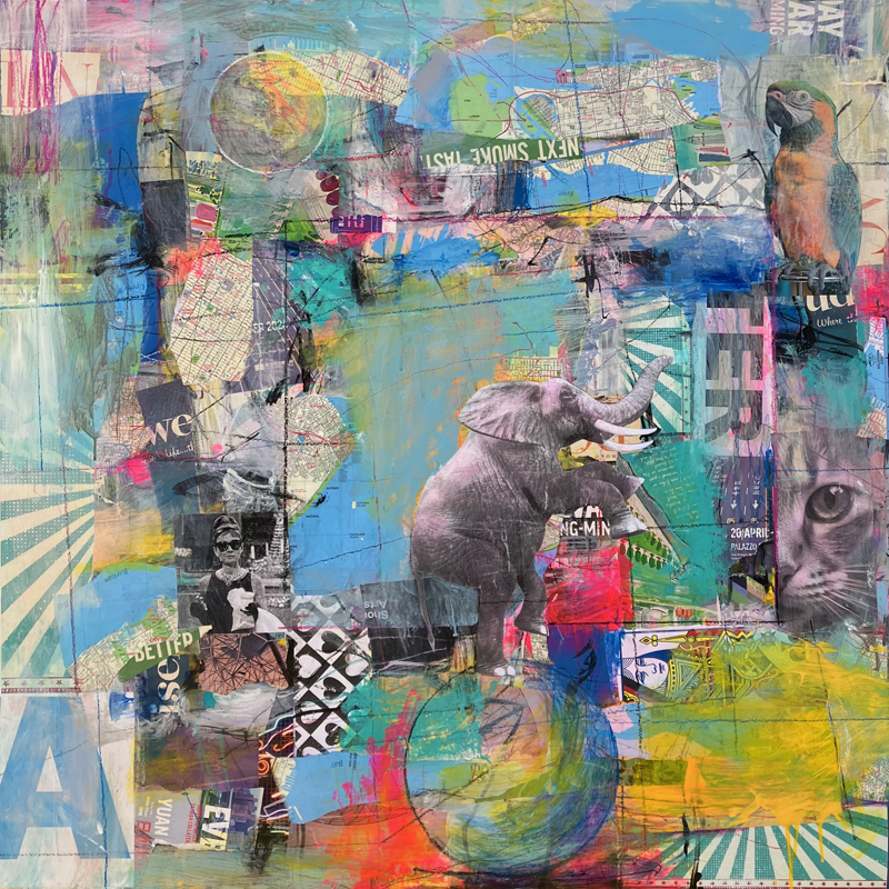 A collage featuring an elephant standing on the world