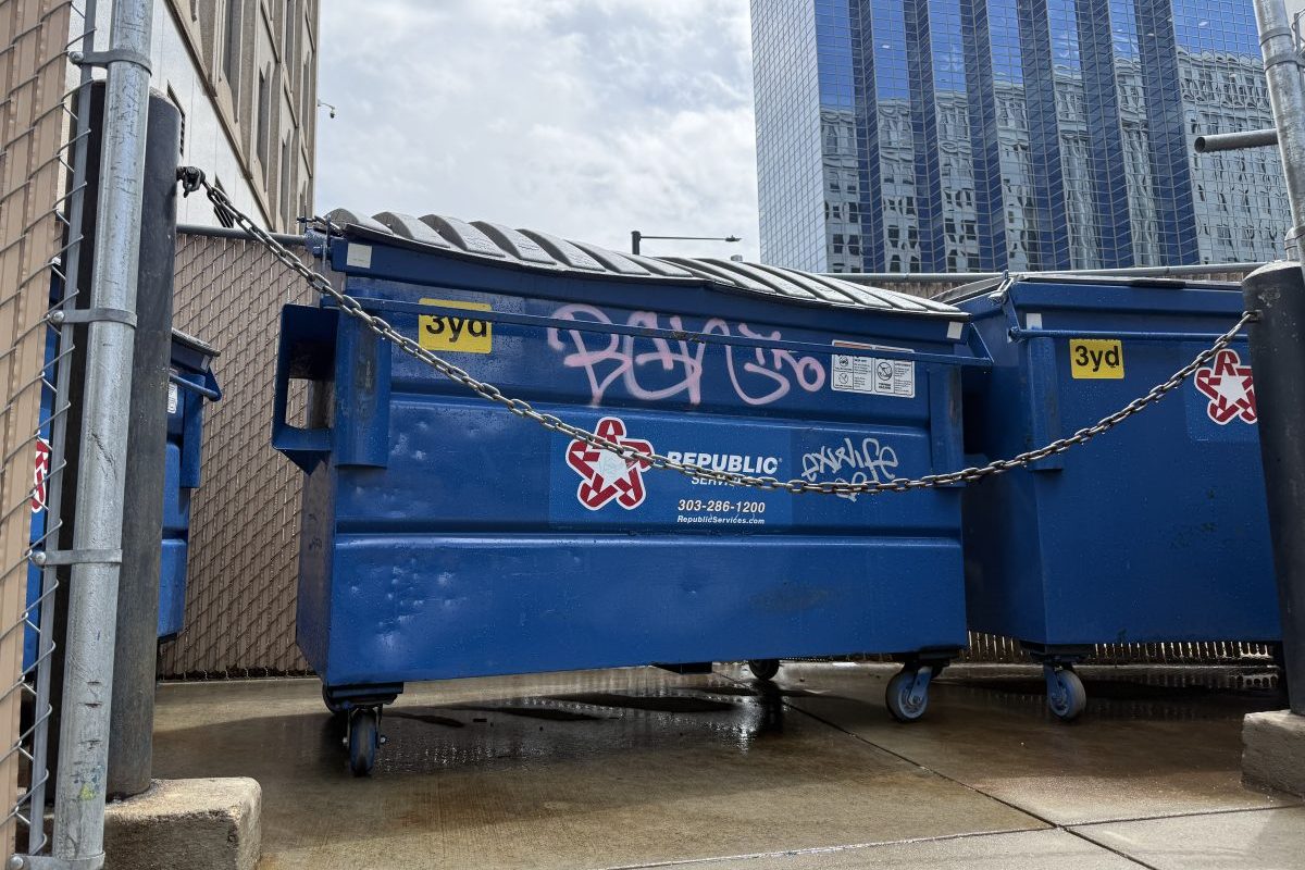 Recycling dumpsters on Lincoln Street on May 20, 2026.