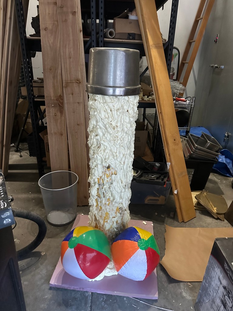 The Disco Dick when it was still just a cardboard tube, a pot, foam and beach balls.