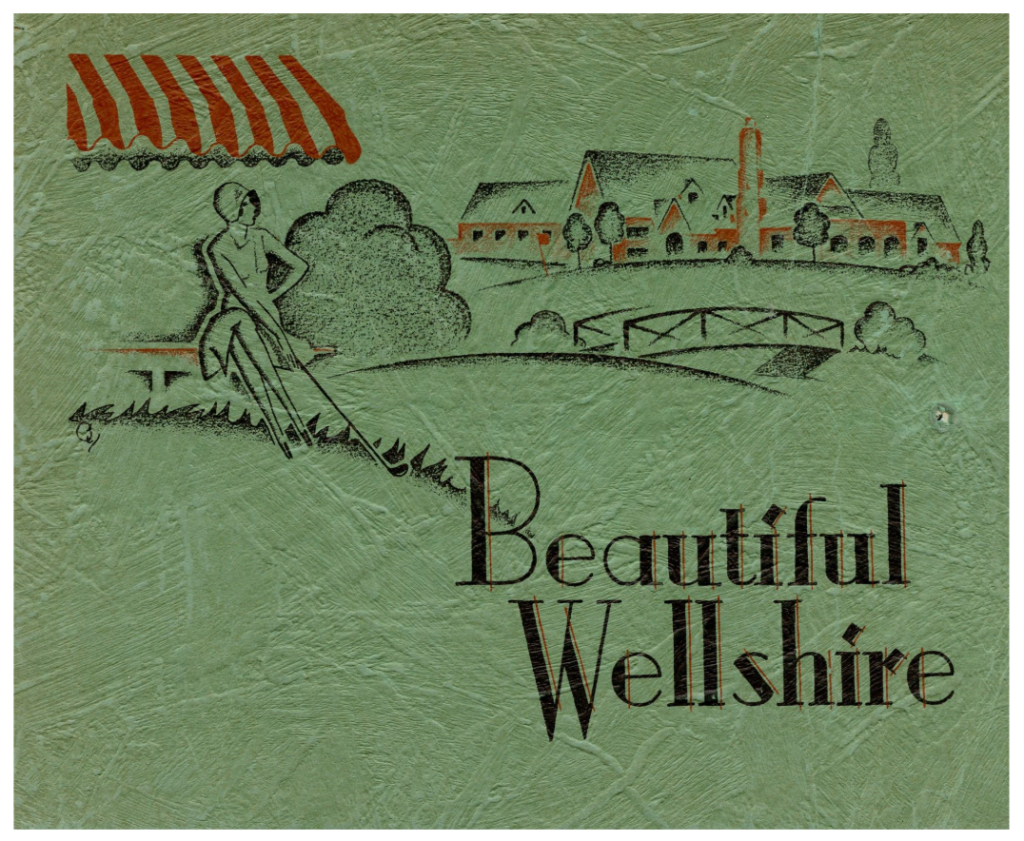 A green brochure illustrating a 1920's-era woman sitting on a bench with a golf club. She gazes off to the right at a red and black drawing of the clubhouse.