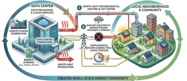 A diagram shows connections between a data center and its nearby community buildings.