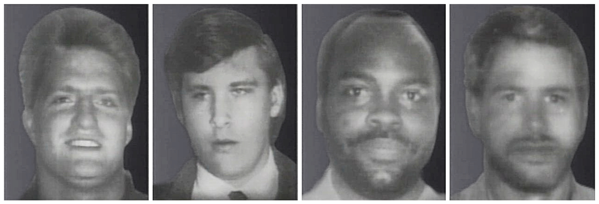 Left to right: photos of slain bank guards Scott McCarthy, Todd Wilson, William McCullum and Phillip Mankoff.