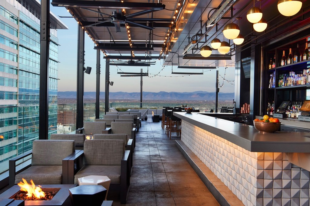 Expansive evening views of the Front Range from 54thirty Rooftop