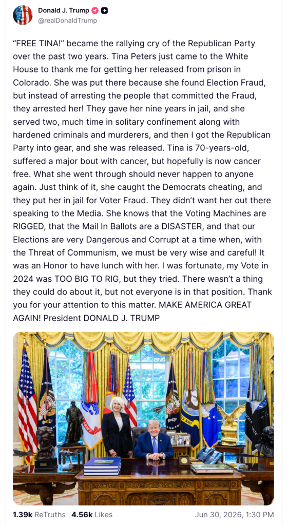 Trump's post about Tina Peters' visit to the White House on June 30