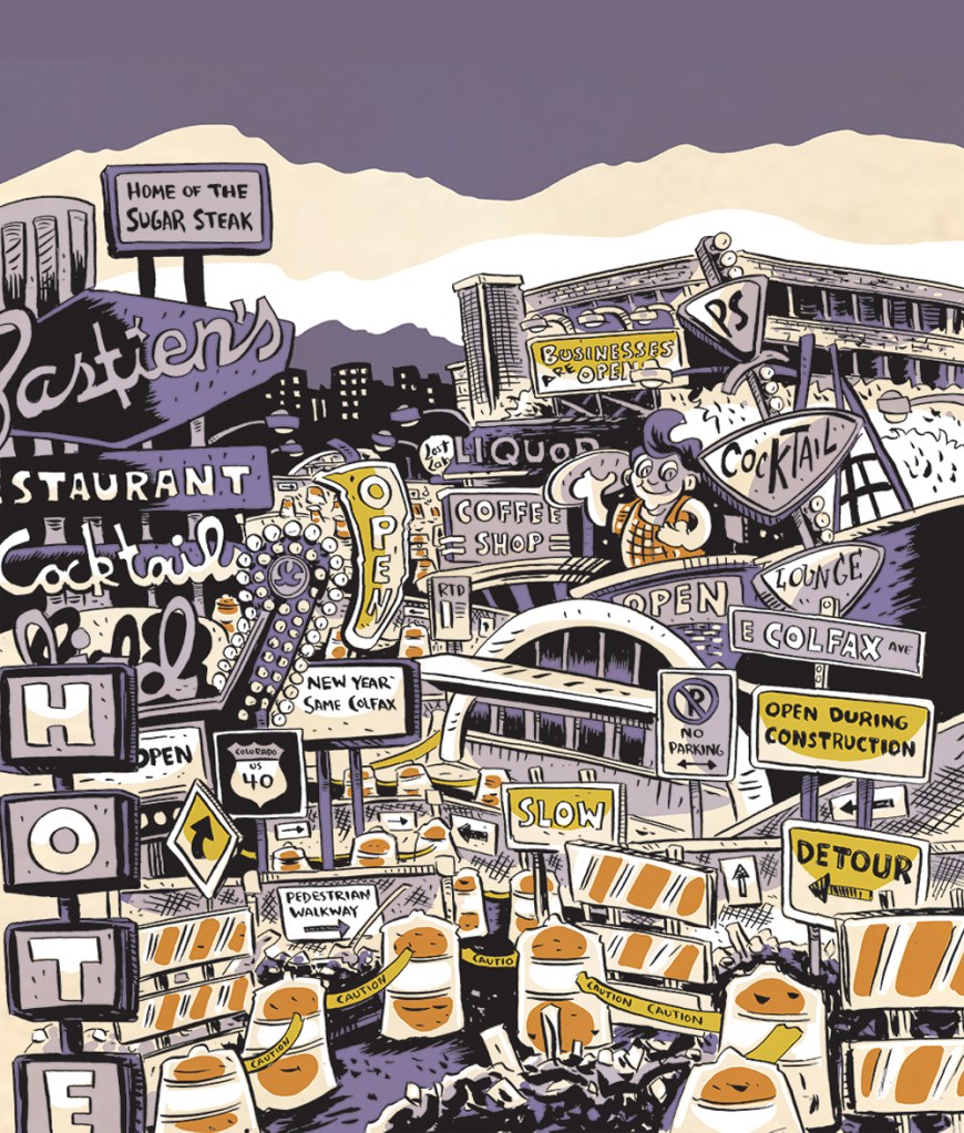 A comic panel showing iconic Colfax destinations, like the Bastien's sign, the PS Cocktail Lounge sign, the Azar's Big Boy mascot, and more. Construction runs rampant in the foreground.