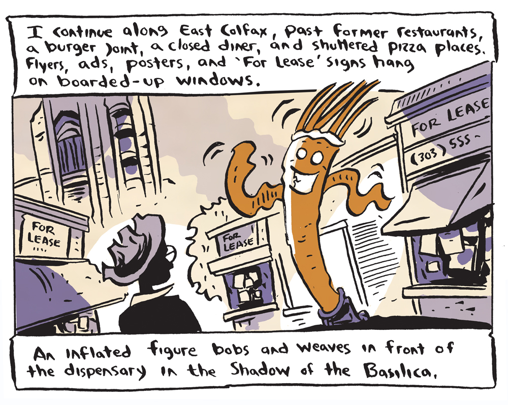 The narrator walks past closed restaurants, noticing "for lease" signs and boarded up windows.