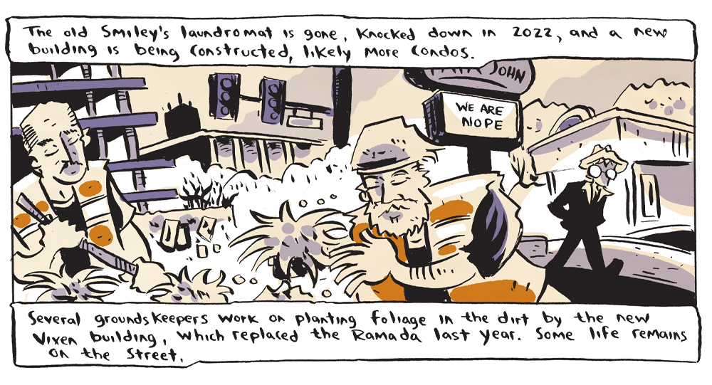 The narrator notices what is likely a new-build condo project where an old laundromat used to be.