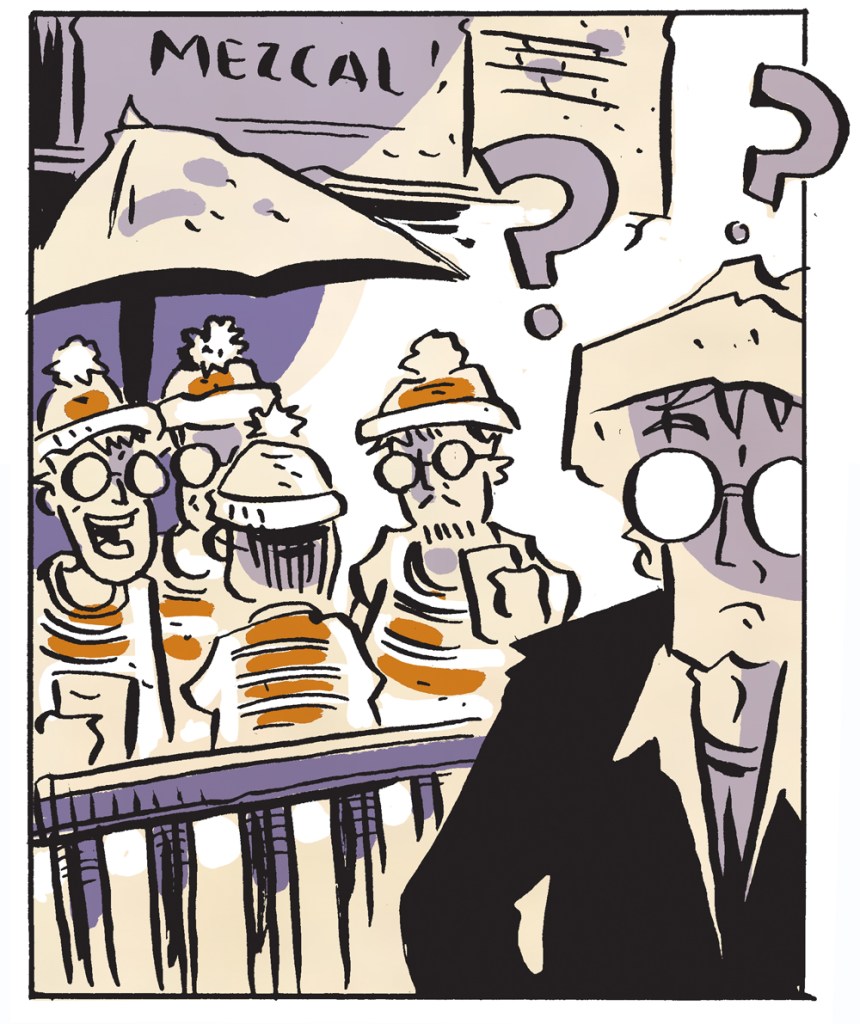 A group of four, all dressed as Waldo from "Where's Waldo?" sit on the patio of a mezcal bar.