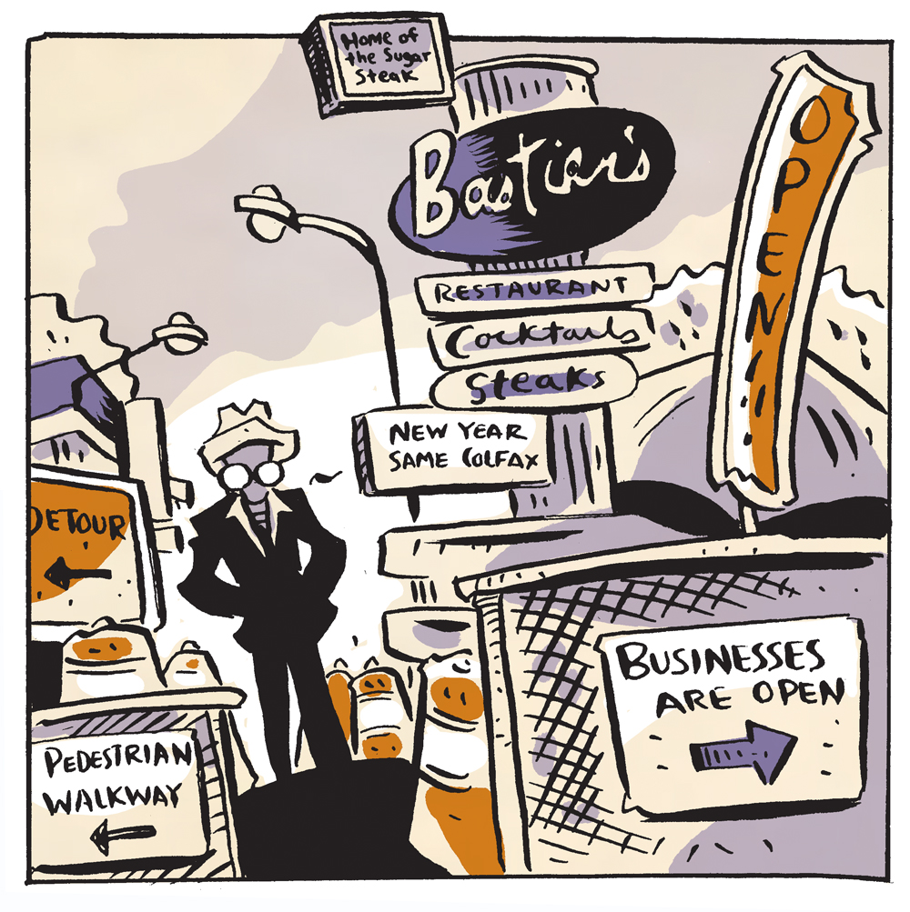 The narrator stands in front of Bastien's, amid a mess of construction, detour and "businesses are open" signs.