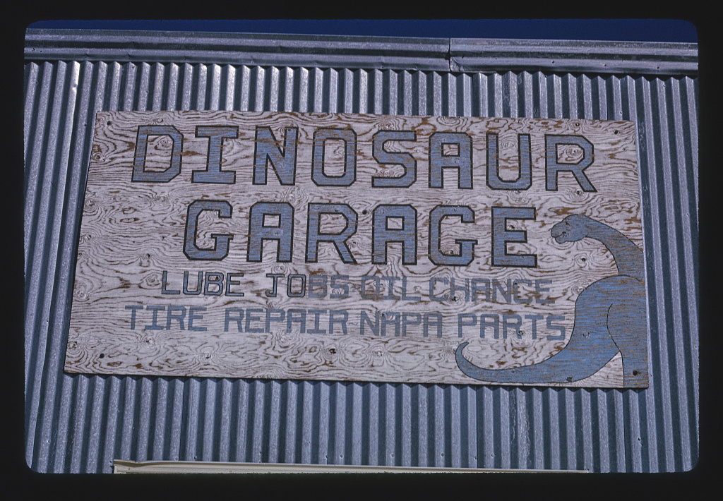 A sign for Dinosaur garage in Colorado, 1991