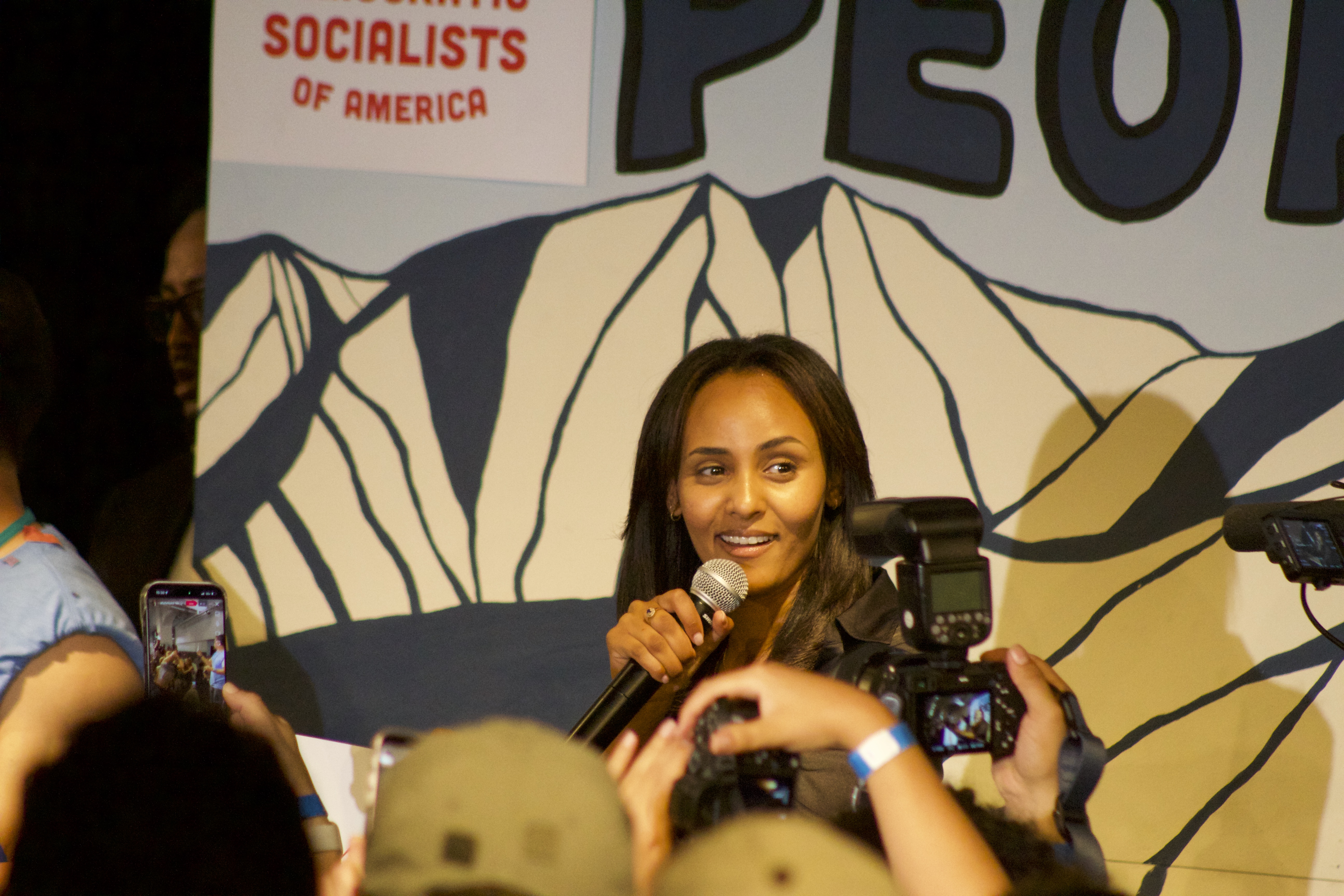 Melat Kiros speaks to crowd after winning democratic primary