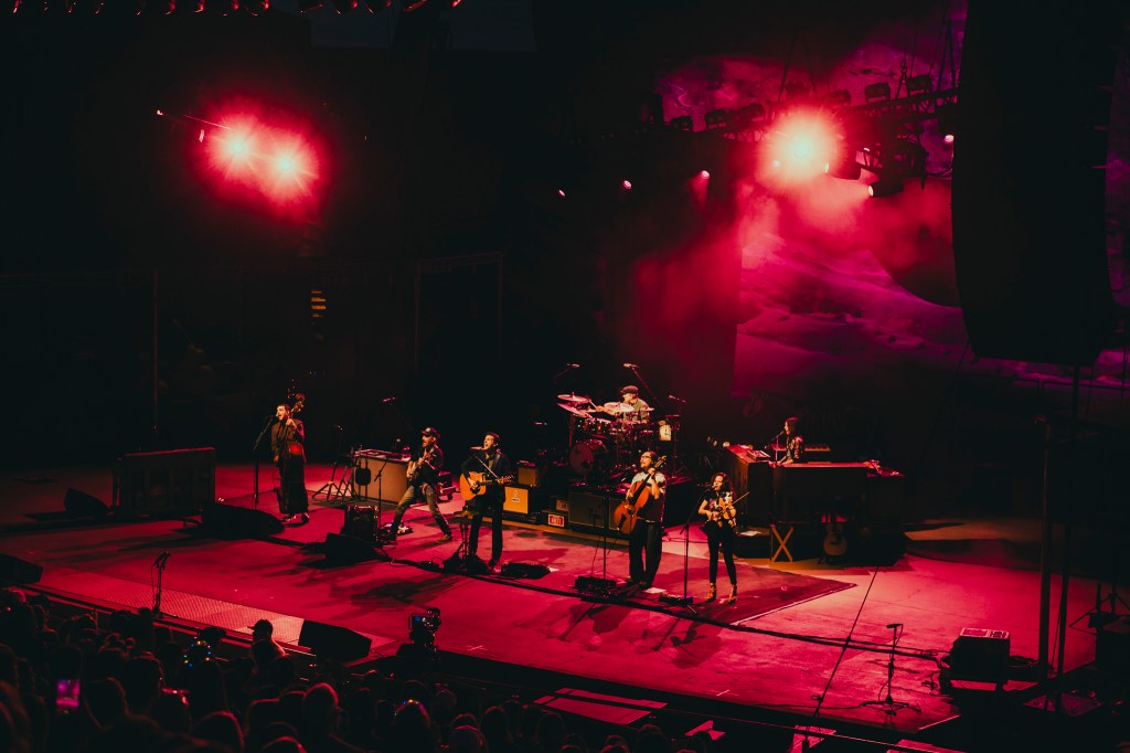 The Avett Brothers performing at Red Rocks during night one of their three night run at the iconic music venue.