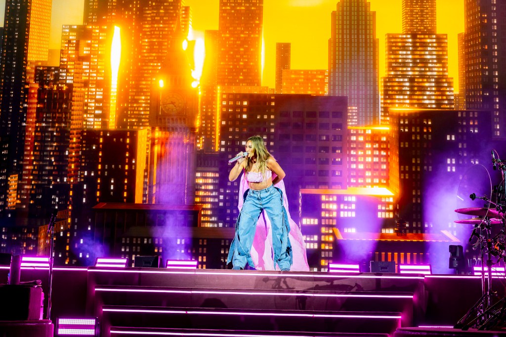Hilary Duff performing live at Red Rocks in Morrison, Colorado, for her Lucky Me Tour.