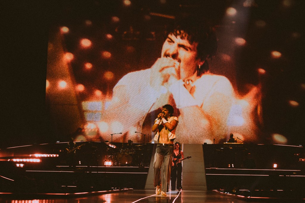 Benson Boone performing live at Ball Arena in Denver, Colorado, on July 30 for his Wanted Man Tour 2026.