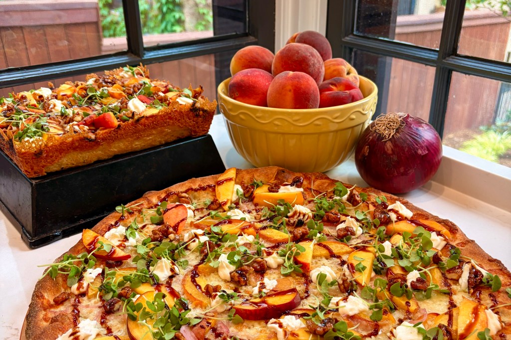 Detroit and New York-style peach pizzas