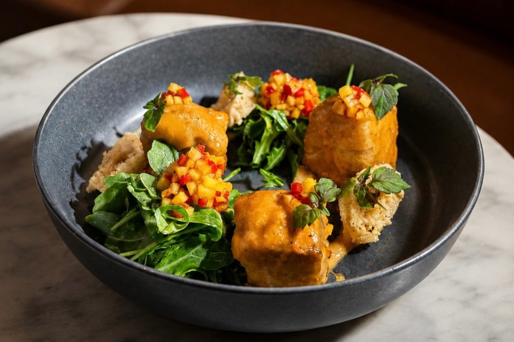 Pork belly topped with peach relish