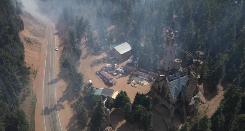 overhead view of Bishop Castle complex in Aspen Acres fire