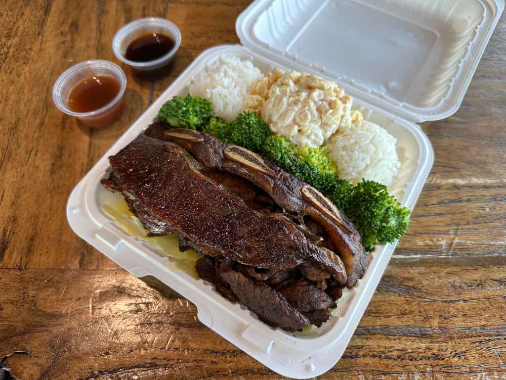 A plate lunch of kalbi short ribs and mac salad.