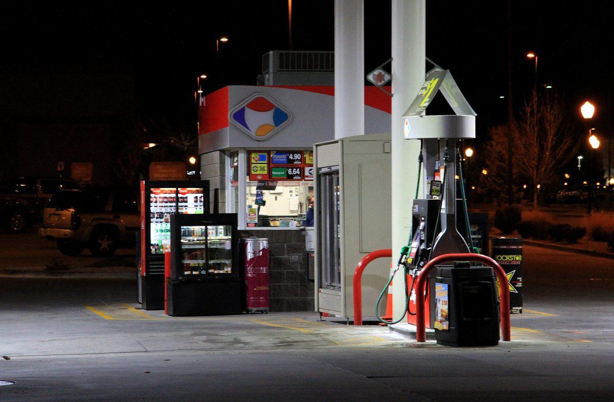 Loaf n' Jug gas station in Colorado at night