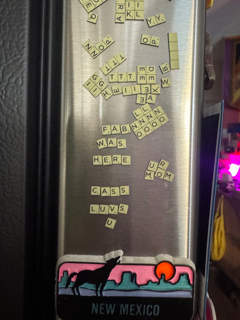 Magnets on Cass Ivey's fridge say things like "Fabian was here" and "Cass luvs u"