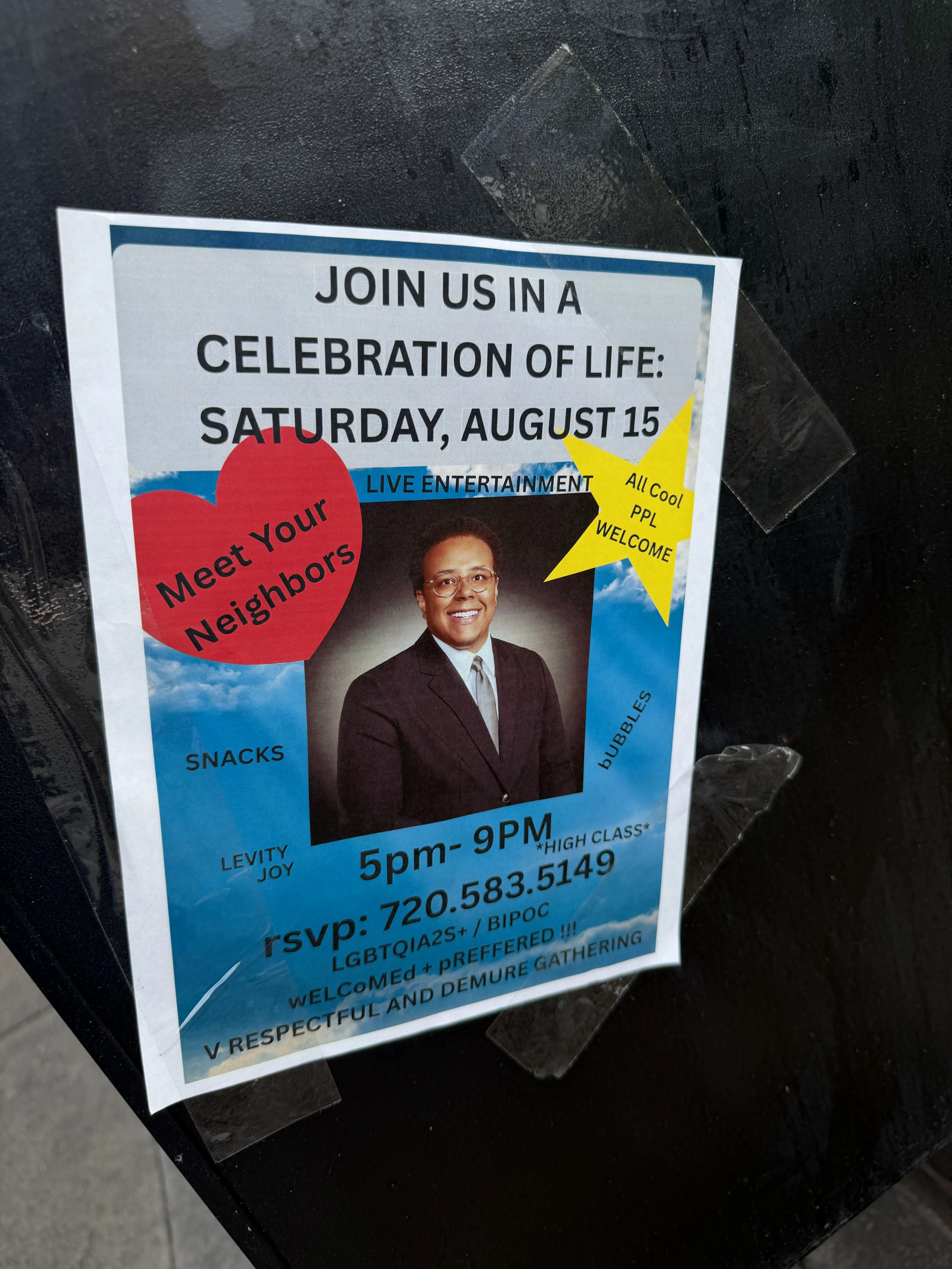 Flier for a celebration of life party at Cheesman Park Aug. 15
