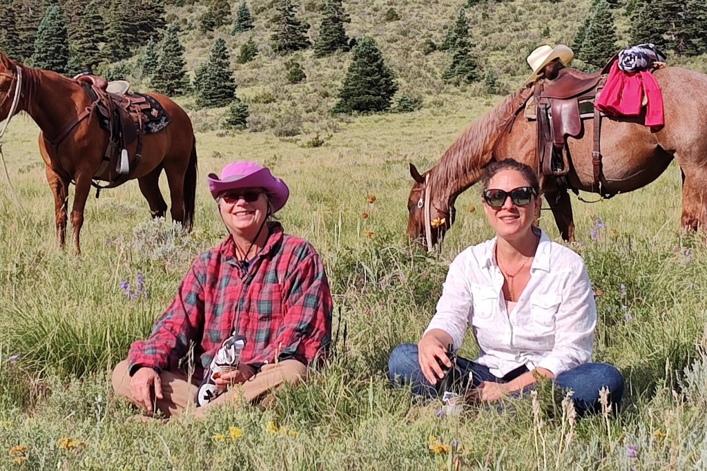 Two women seated in a meadow with horses in the backdrop