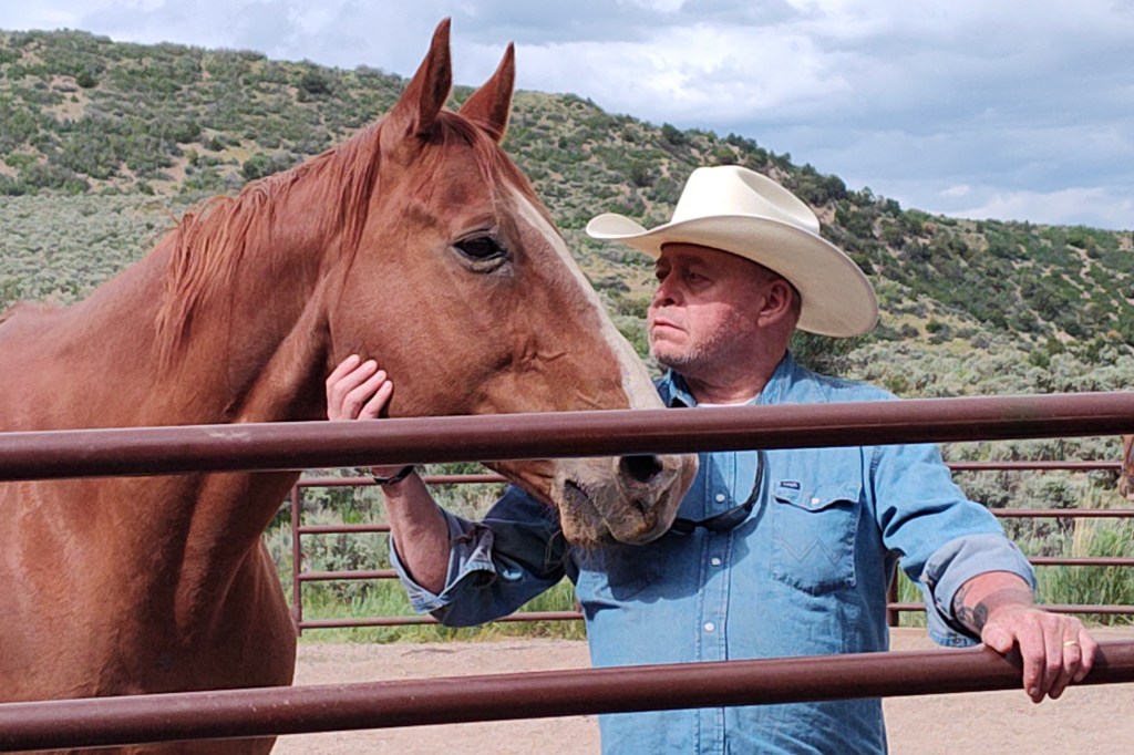 A man in a cowboy hat in a pen with a horse