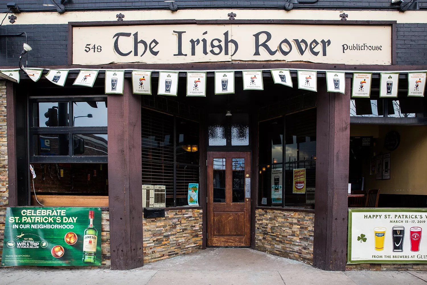 front of the Irish Rover bar