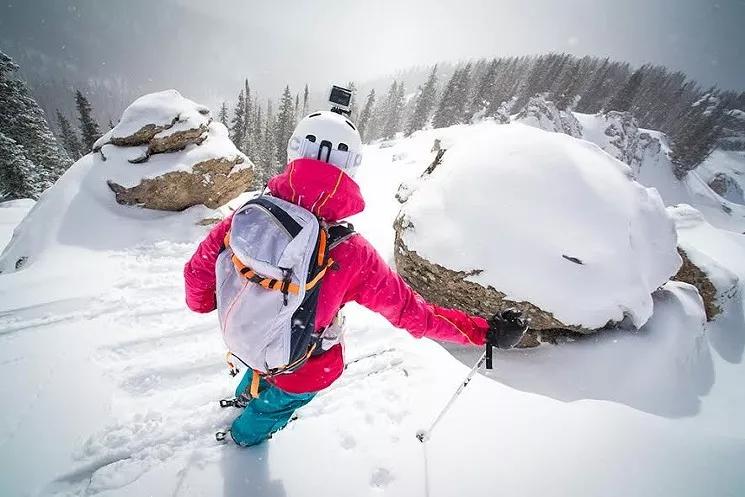 A person skis