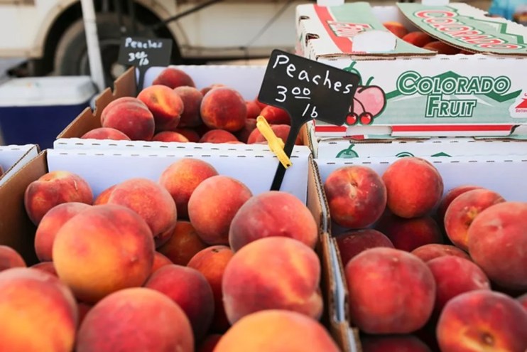 peaches in boxes