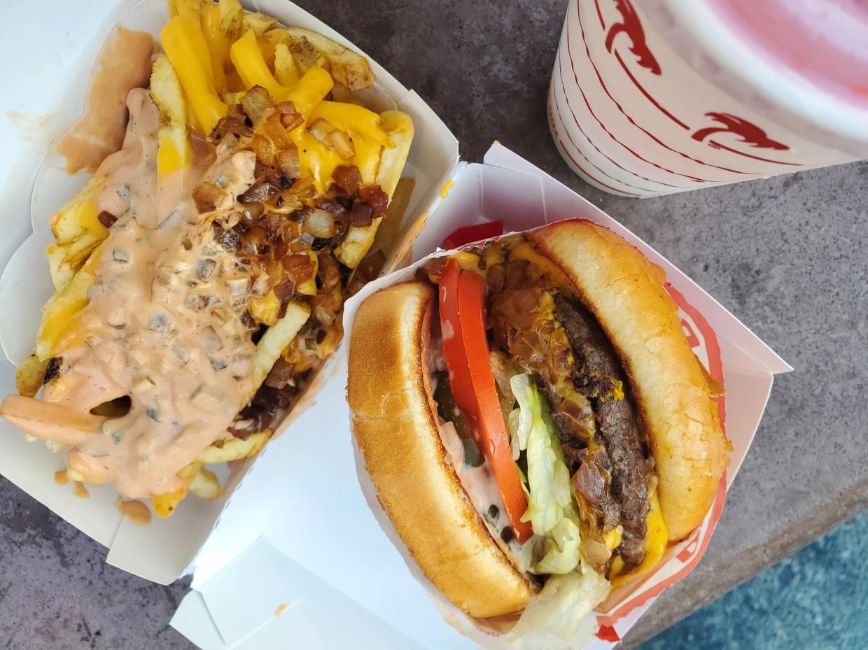 burger, fries and a drink