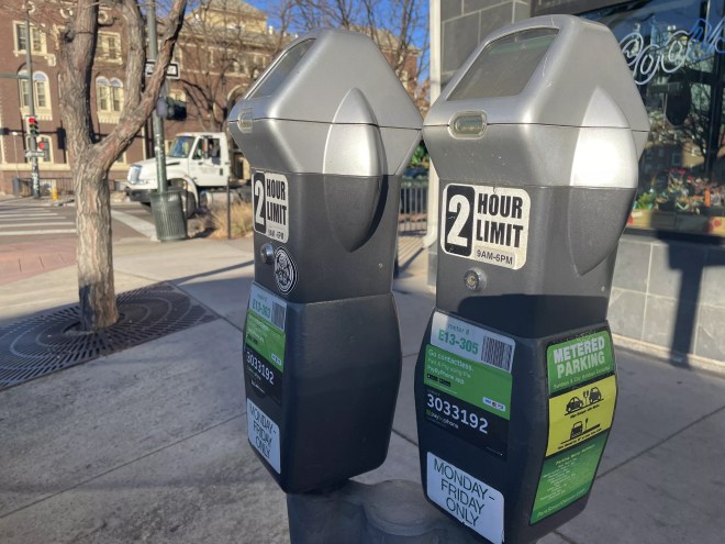 A parking meter in Denver, Colorado.