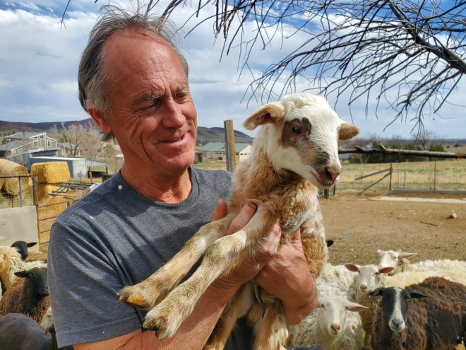 a man holds a baby goat