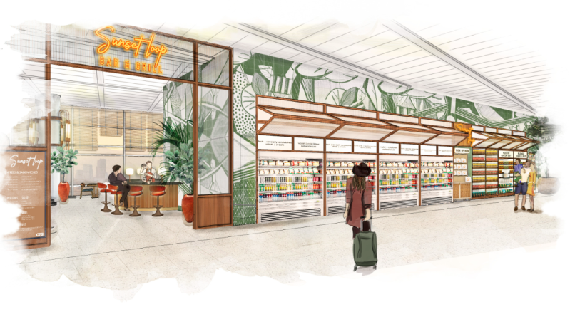 rendering of a restaurant entrance inside an airport