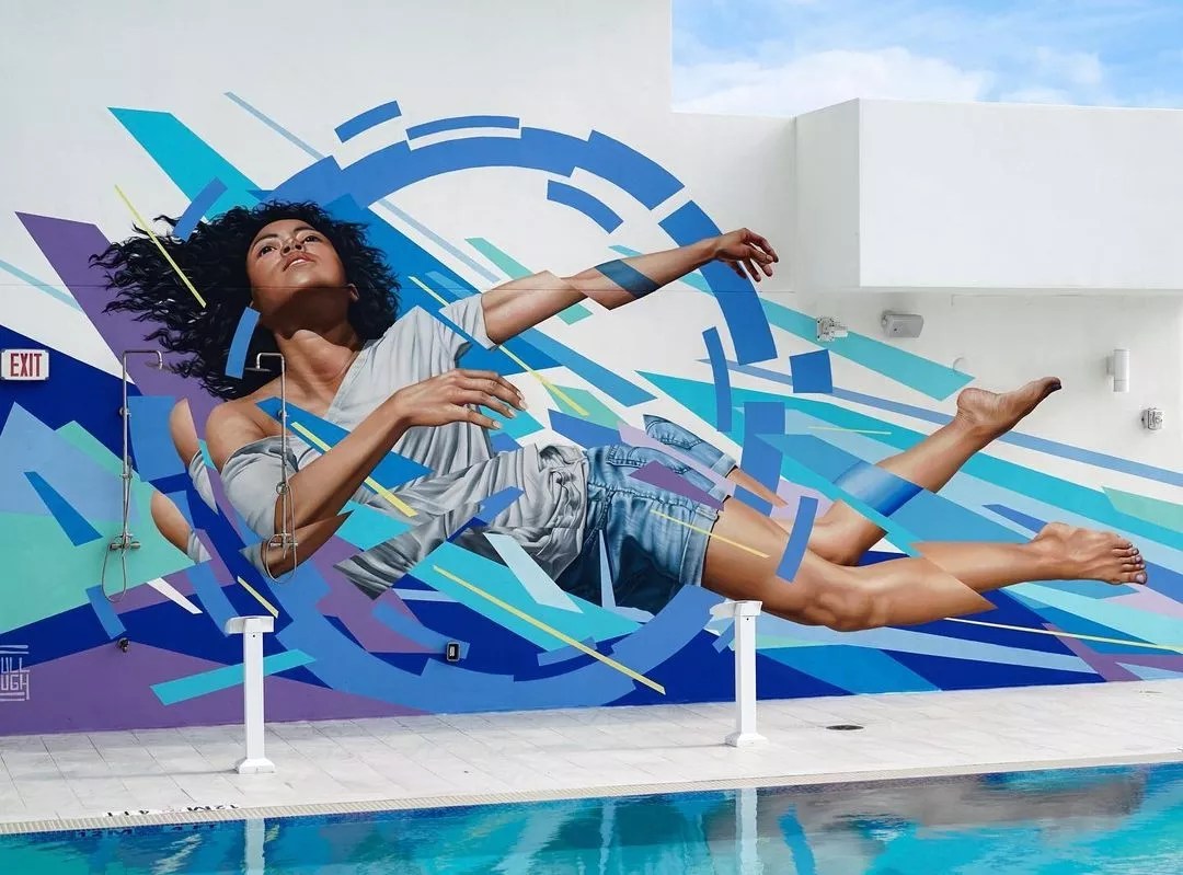 painting of a woman with blue abstract stripes