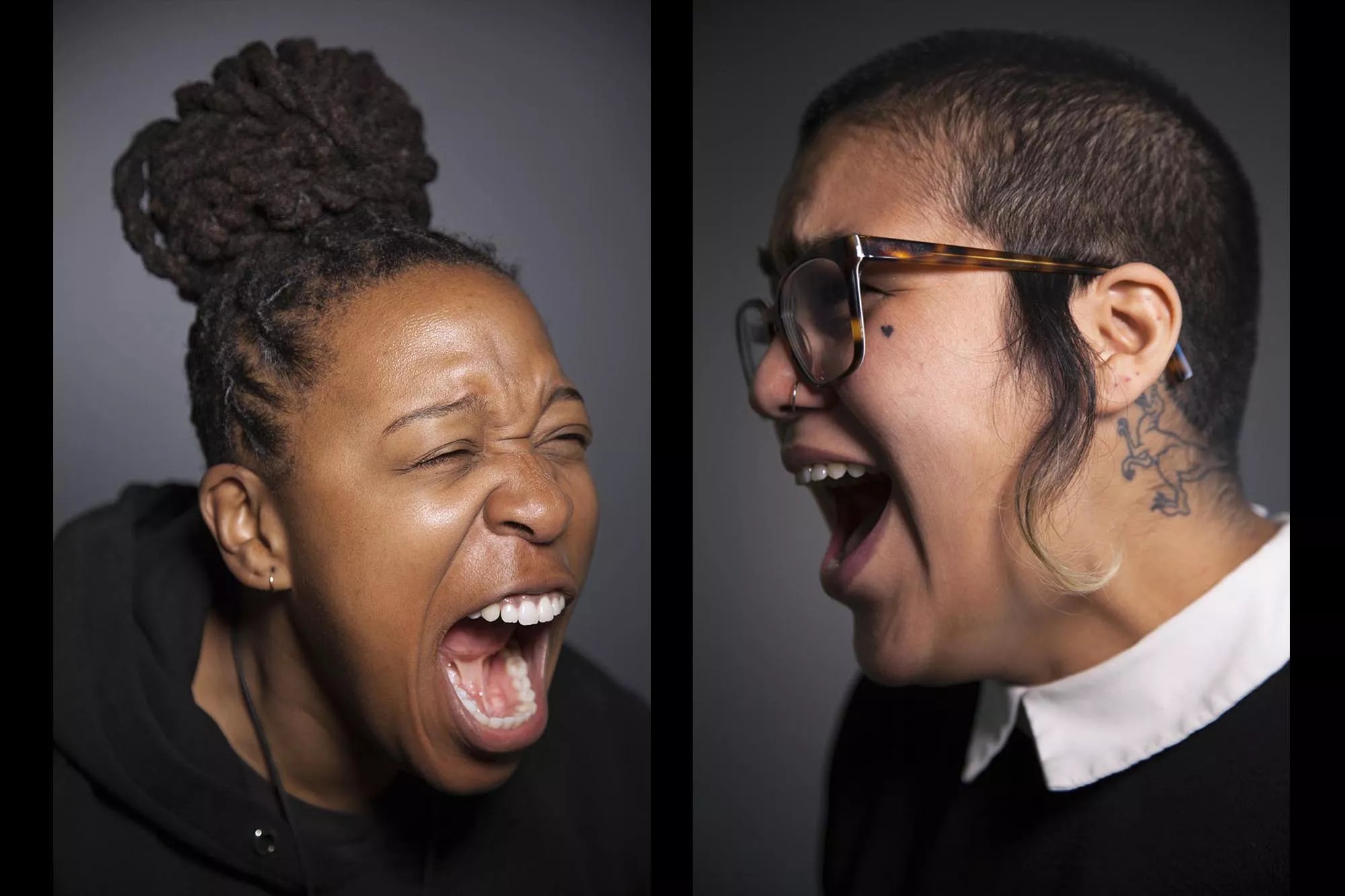 portraits of two people screaming