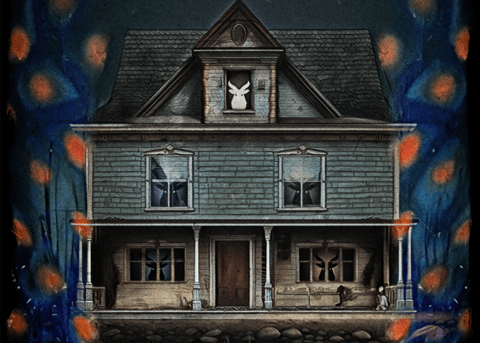 illustration of a blue wooden house