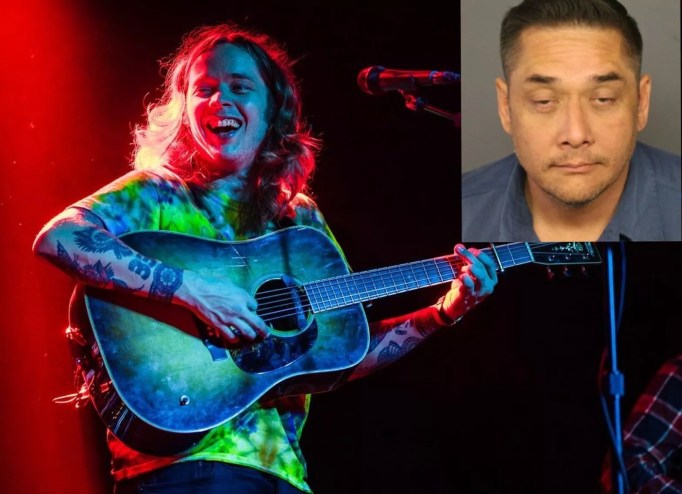 Photo collage of bluegrass musician Billy Strings with a mugshot of his brother Patrick Apostol.