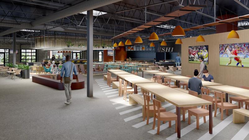 rendering of the interior of a food hall with long tables