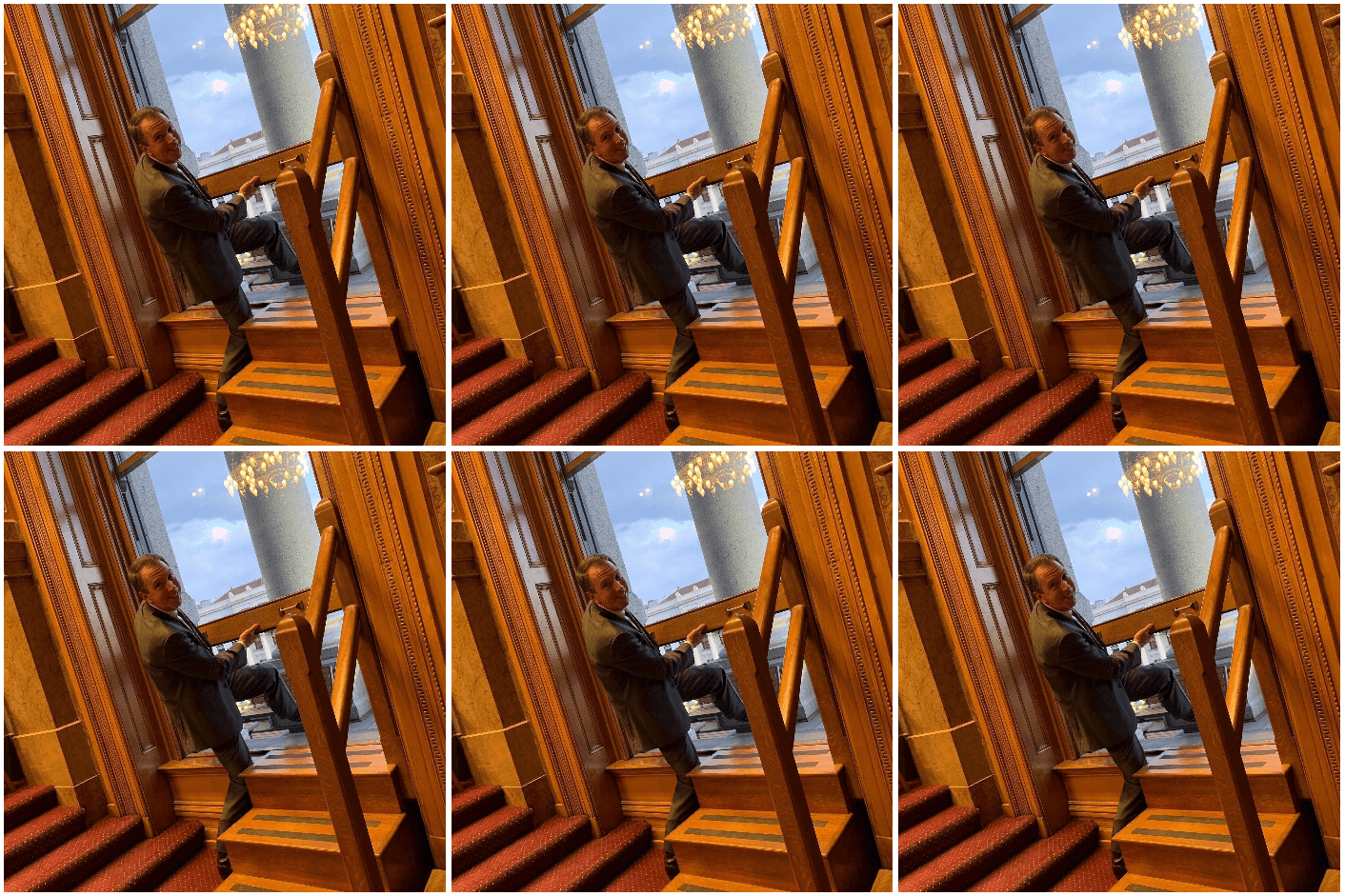 Senate Minority Leader Paul Lundeen climbing out a window in the Senate.